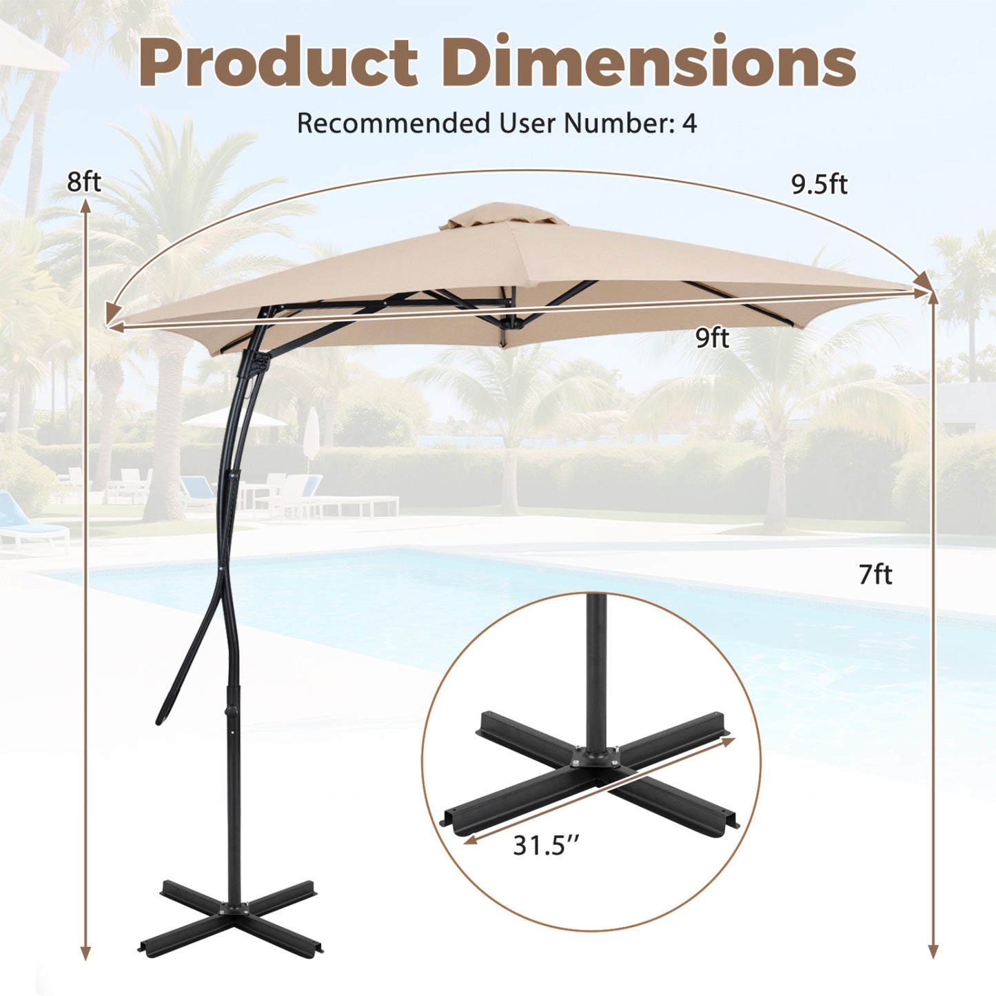 9 FT Cantilever Umbrella With Cross Base, Beige