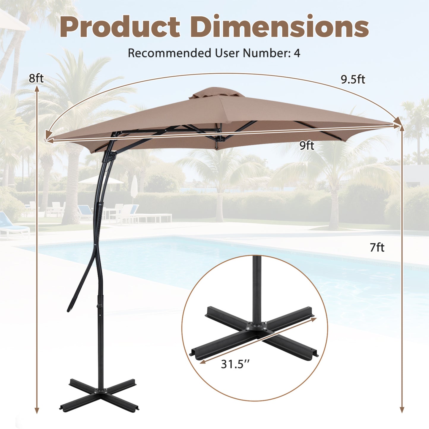 9 FT Cantilever Umbrella With Cross Base, Brown