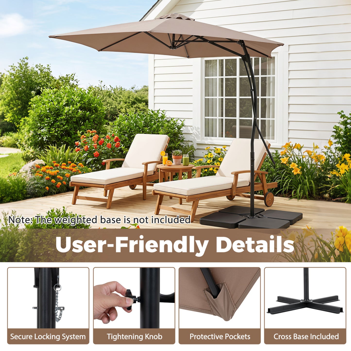 9 FT Cantilever Umbrella With Cross Base, Brown