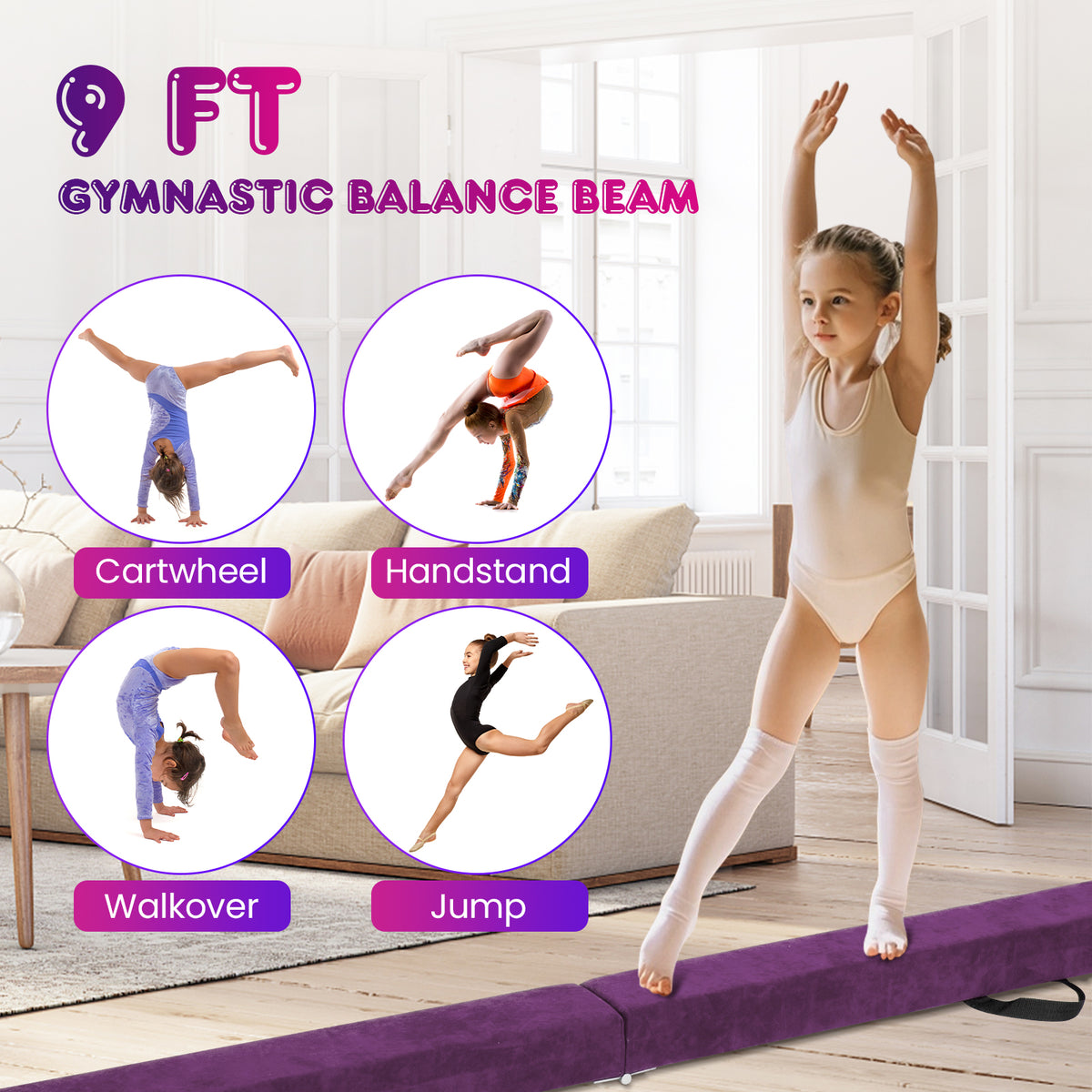 9 FT Folding Gymnastics Balance Beam, Anti-Slip Base, Pine Wood Frame, Purple Sports at Gallery Canada