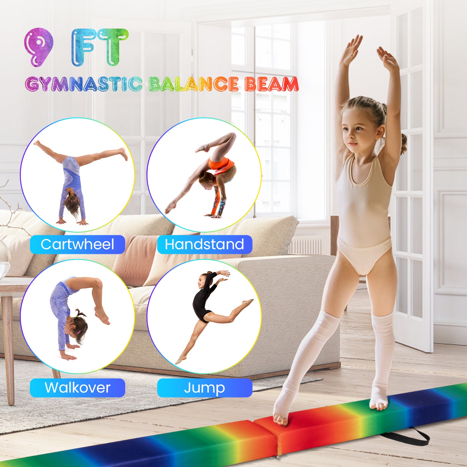 9 FT Folding Balance Beam, Anti-Slip Base, Pine Wood Frame, Rainbow Multicolor Sports at Gallery Canada