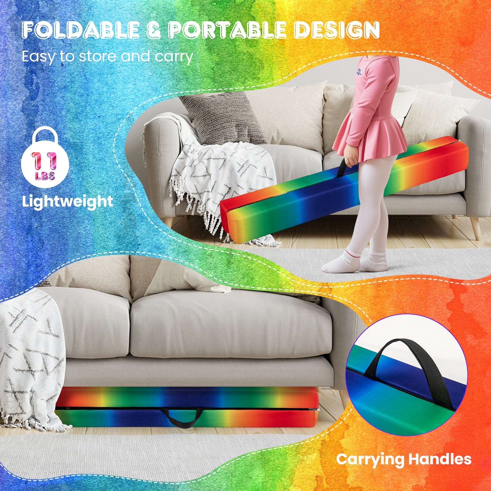 9 FT Folding Balance Beam, Anti-Slip Base, Pine Wood Frame, Rainbow Multicolor Sports at Gallery Canada