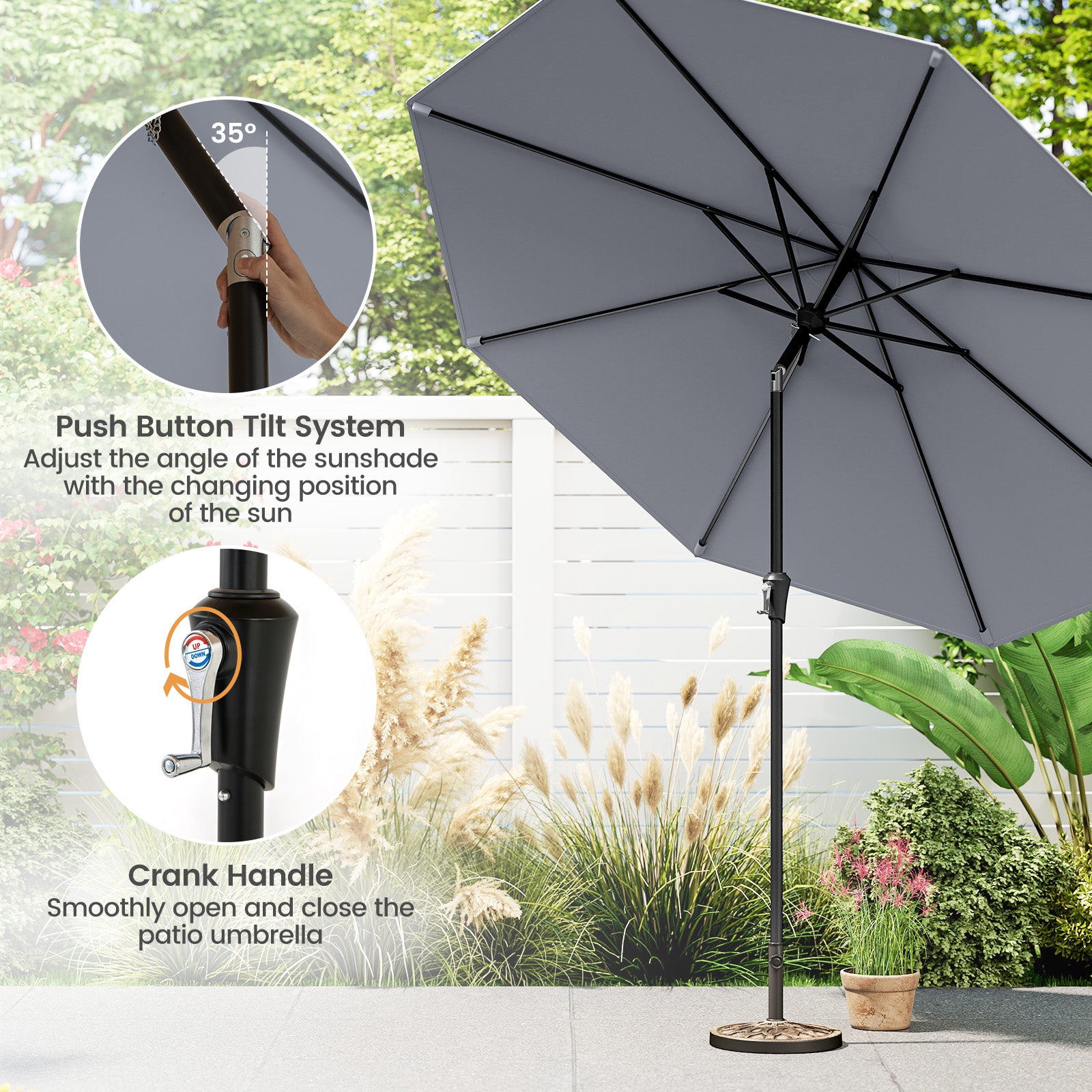9 FT Outdoor Patio Table Umbrella, Push Button Tilt Crank Lift, Gray Outdoor Umbrellas at Gallery Canada
