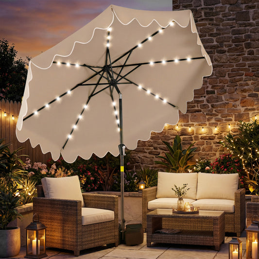 9 FT Outdoor Patio Umbrella, Solar LED Lights, Weighted Base, Brown Outdoor Umbrellas Brown at Gallery Canada