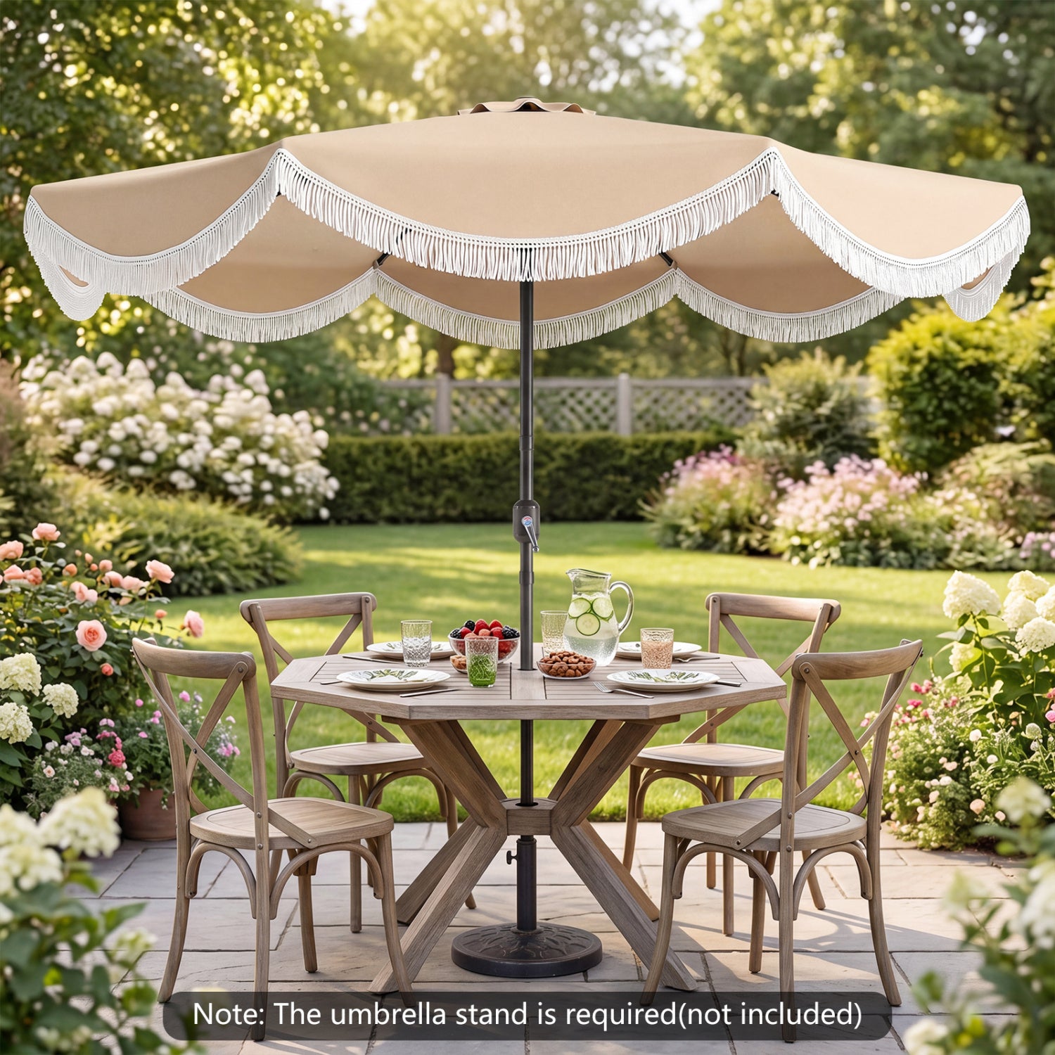 9 FT Outdoor Tassel Umbrella with Push Button Tilt, White & Beige Outdoor Umbrellas at Gallery Canada