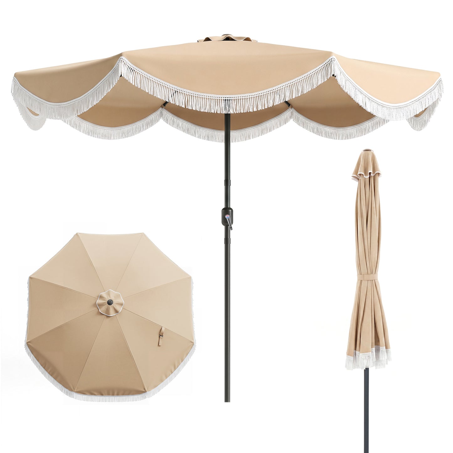 9 FT Outdoor Tassel Umbrella with Push Button Tilt, White & Beige Outdoor Umbrellas White & Beige at Gallery Canada