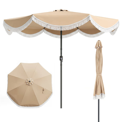 9 FT Outdoor Tassel Umbrella with Push Button Tilt, White & Beige Outdoor Umbrellas White & Beige at Gallery Canada