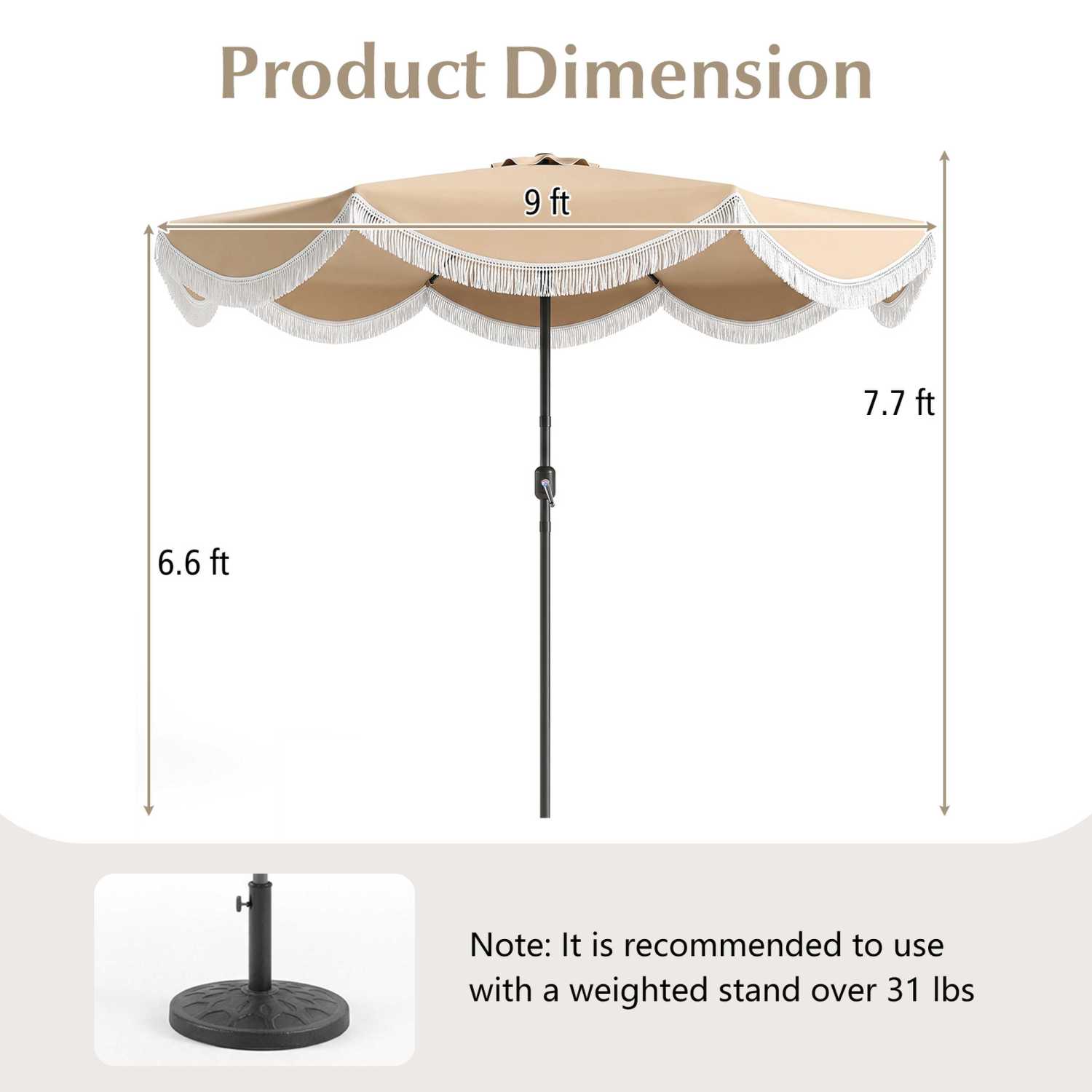 9 FT Outdoor Tassel Umbrella with Push Button Tilt, White & Beige Outdoor Umbrellas at Gallery Canada
