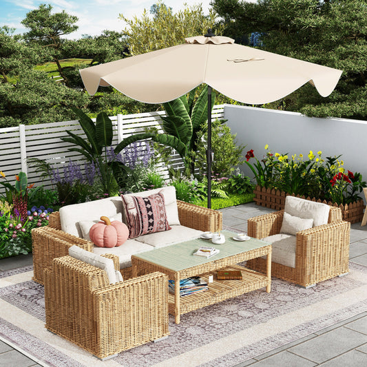 9 FT Patio Umbrella, Crank Handle, Push Button Tilt, Beige Outdoor Umbrellas Beige at Gallery Canada
