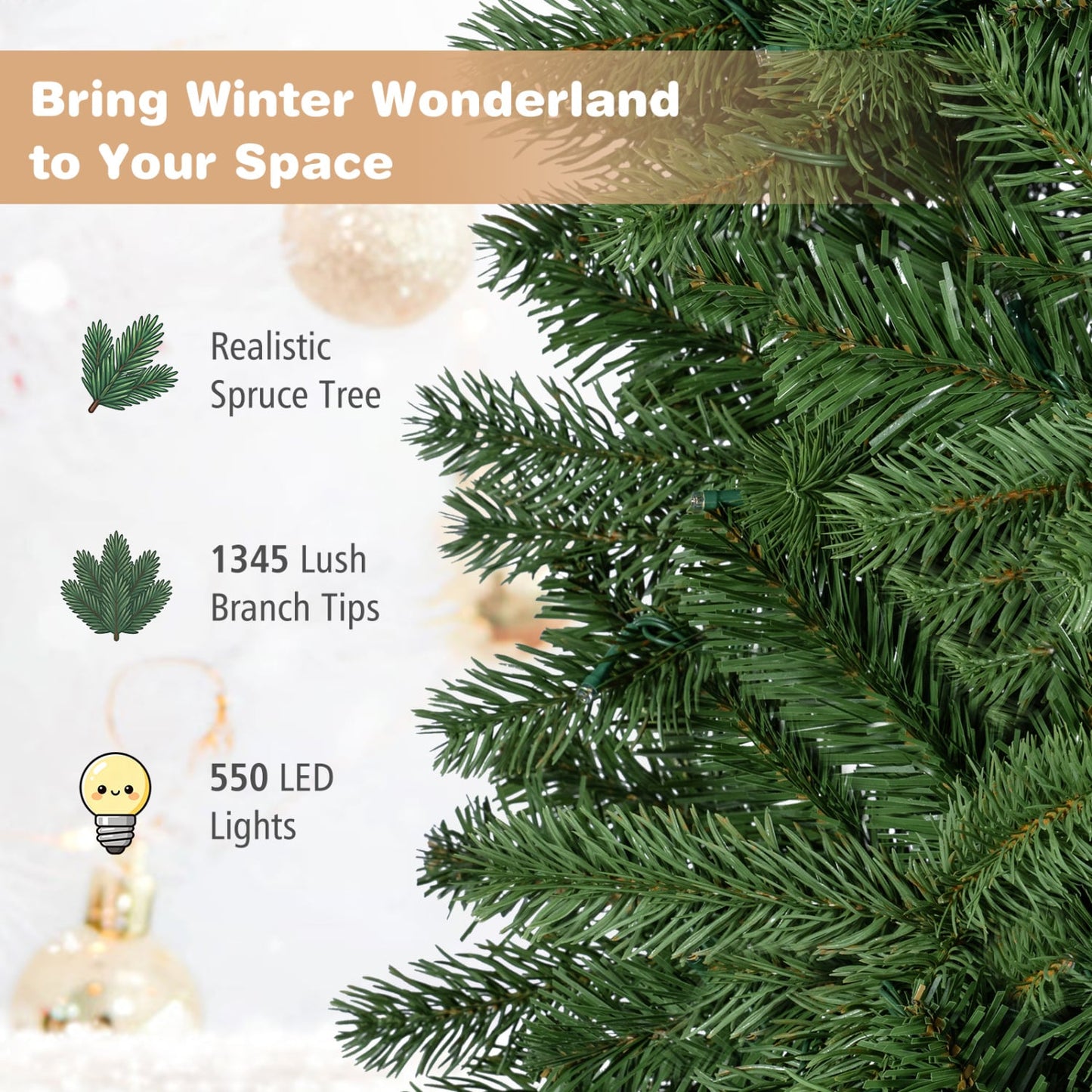 9 FT Pencil Alpine Tree, 1345 Tips, 550 LED Lights