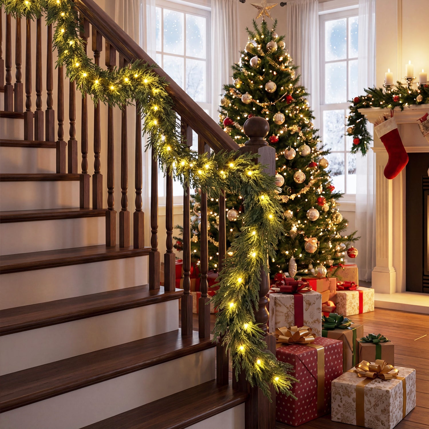 9 FT Pre-lit Artificial Cypress Christmas Garland with 50 Warm White LED Lights and 130 Branch Tips Christmas Decor & Accessories at Gallery Canada