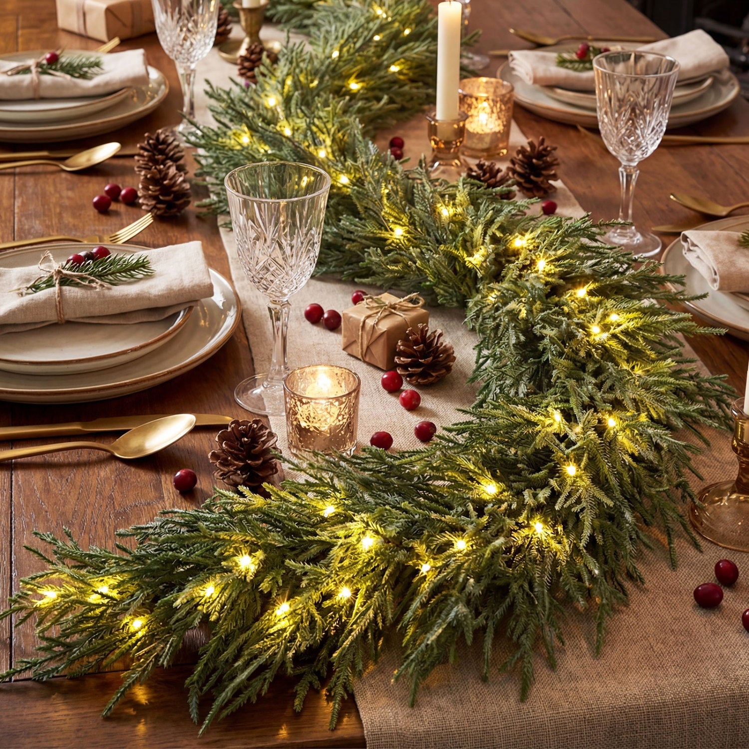 9 FT Pre-lit Artificial Cypress Christmas Garland with 50 Warm White LED Lights and 130 Branch Tips Christmas Decor & Accessories at Gallery Canada