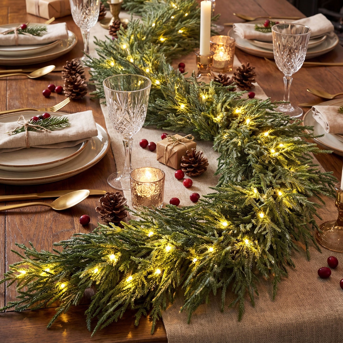 9 FT Pre-lit Artificial Cypress Christmas Garland with 50 Warm White LED Lights and 130 Branch Tips Christmas Decor & Accessories at Gallery Canada