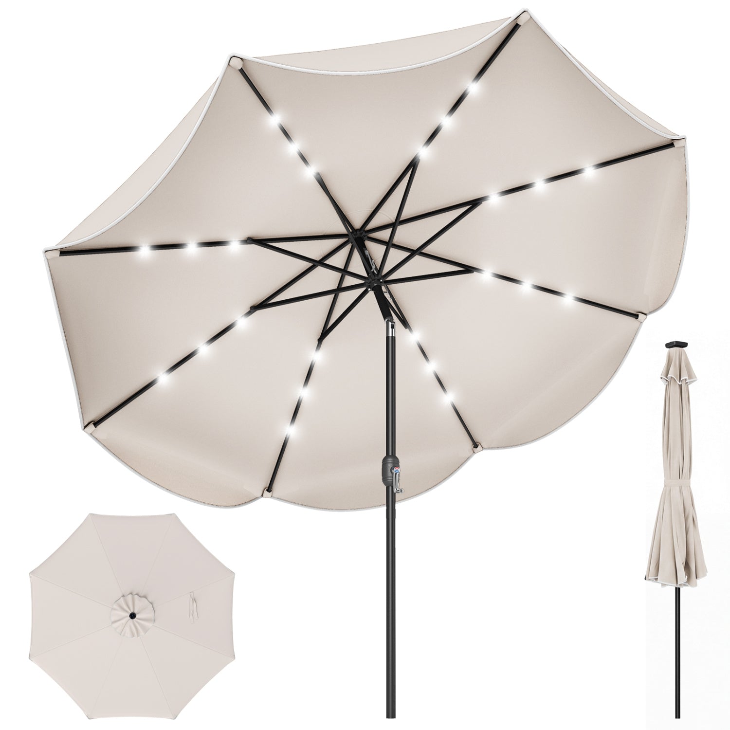 9 FT Scalloped Solar Patio Umbrella with 24 LED Lights, Beige Outdoor Umbrellas Beige at Gallery Canada