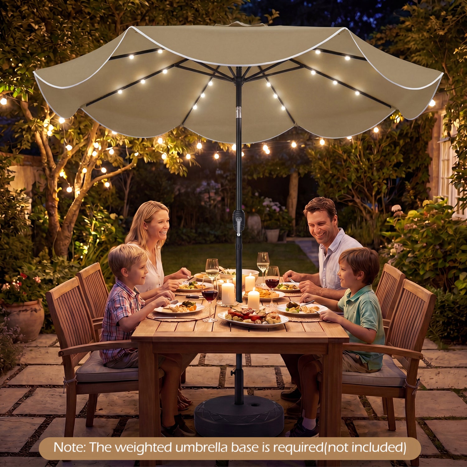 9 Ft Scalloped Solar Patio Umbrella With LED Lights, Tan Outdoor Umbrellas at Gallery Canada