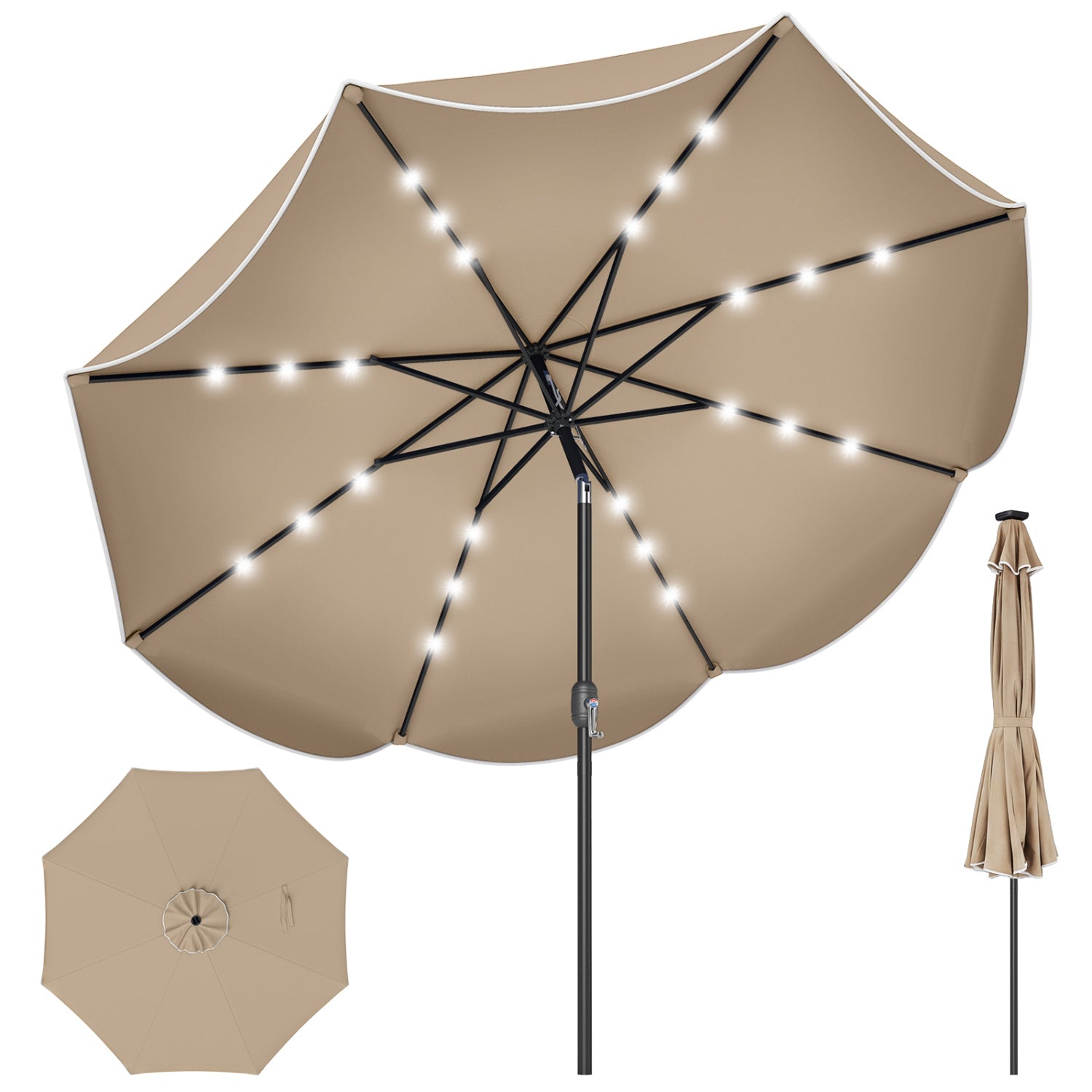9 Ft Scalloped Solar Patio Umbrella With LED Lights, Tan Outdoor Umbrellas at Gallery Canada