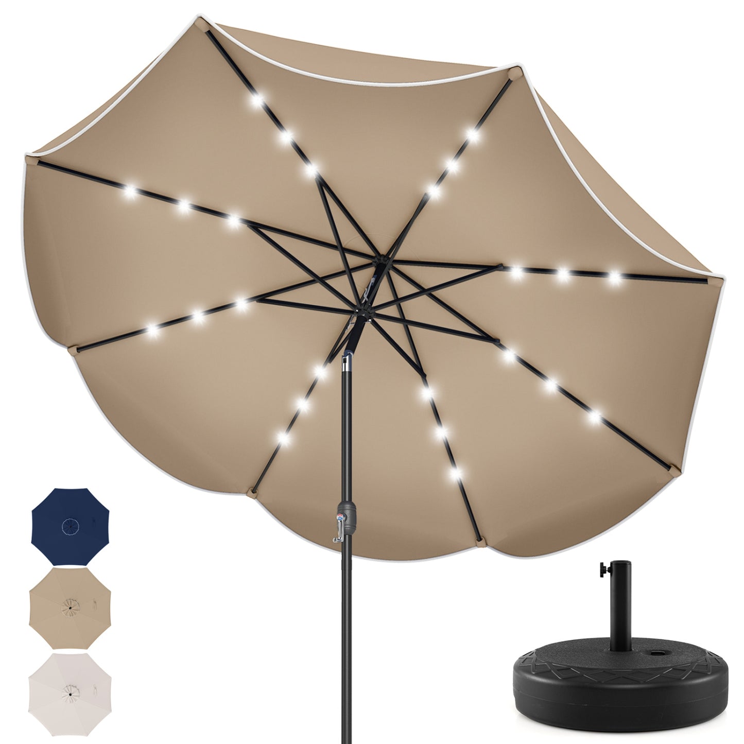 9 Ft Scalloped Solar Patio Umbrella With LED Lights, Tan Outdoor Umbrellas at Gallery Canada