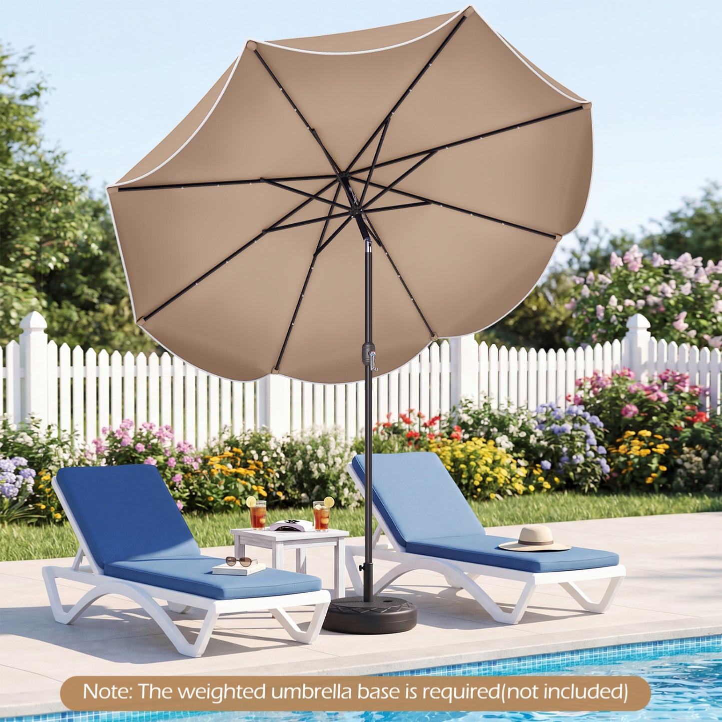 9 Ft Scalloped Solar Patio Umbrella With LED Lights, Tan Outdoor Umbrellas at Gallery Canada