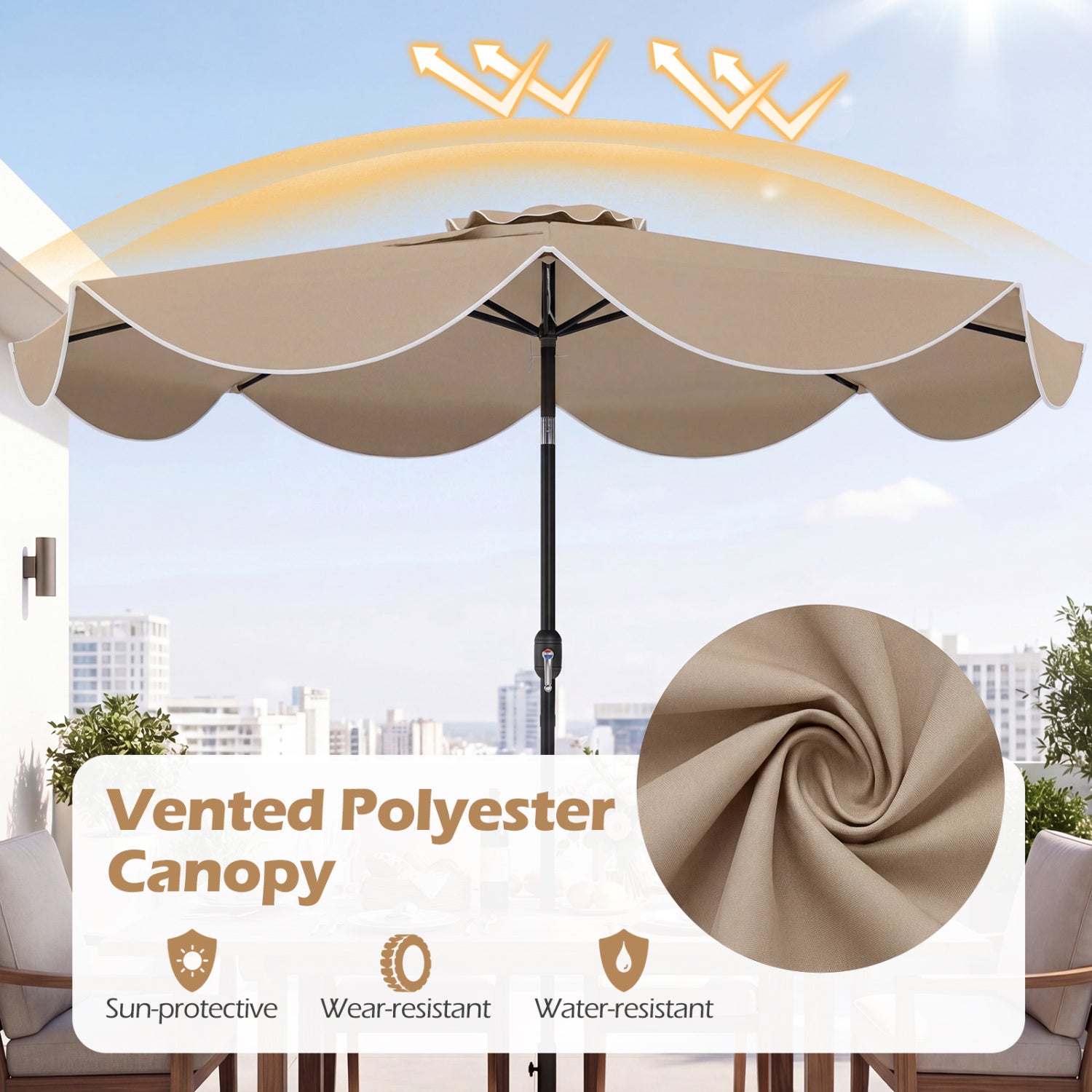 9 Ft Scalloped Solar Patio Umbrella With LED Lights, Tan Outdoor Umbrellas at Gallery Canada