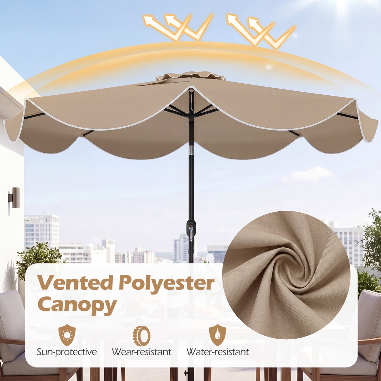 9 Ft Scalloped Solar Patio Umbrella With LED Lights, Tan Outdoor Umbrellas at Gallery Canada