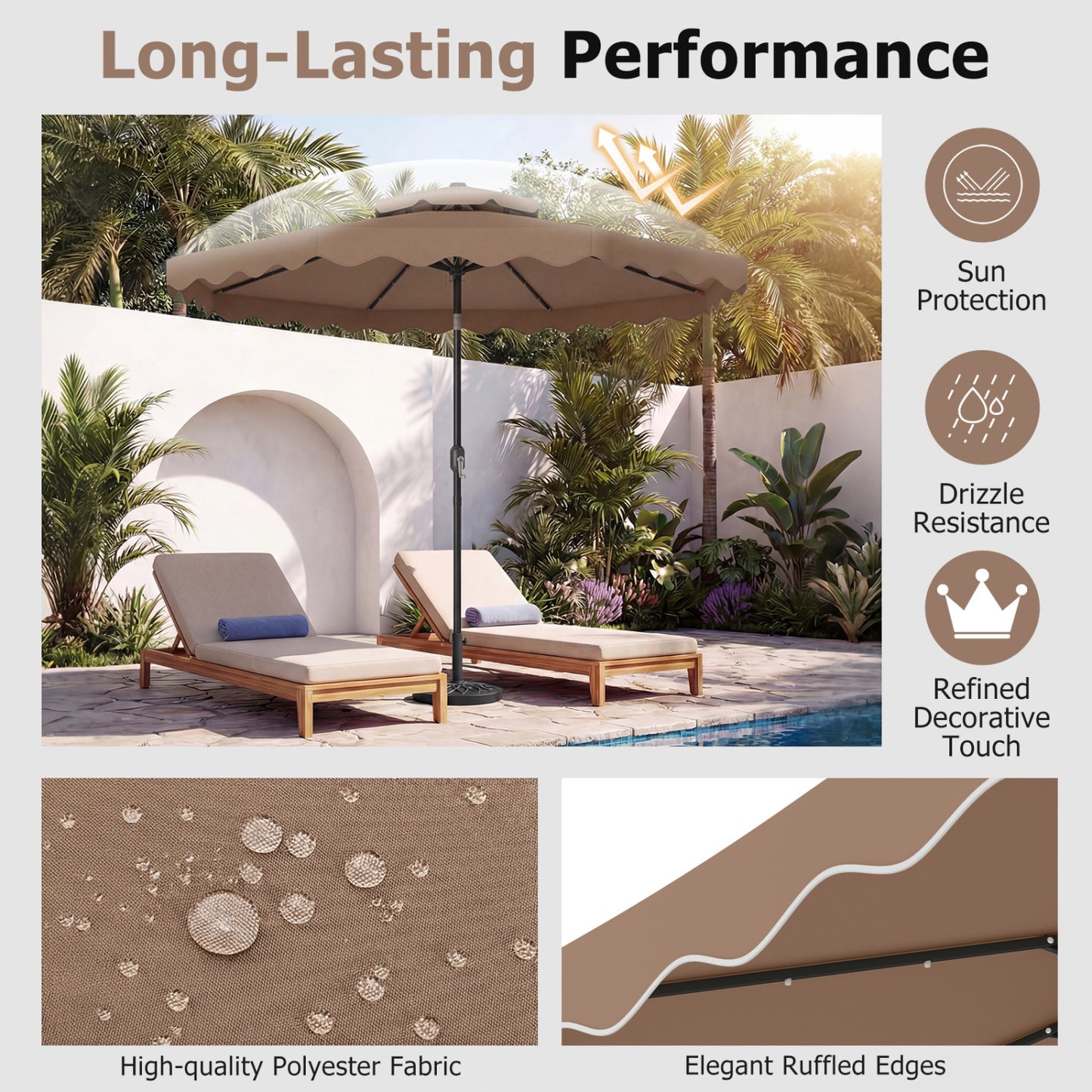 9 FT Solar LED Patio Umbrella, Push-Button Tilt Crank, Brown Outdoor Umbrellas at Gallery Canada
