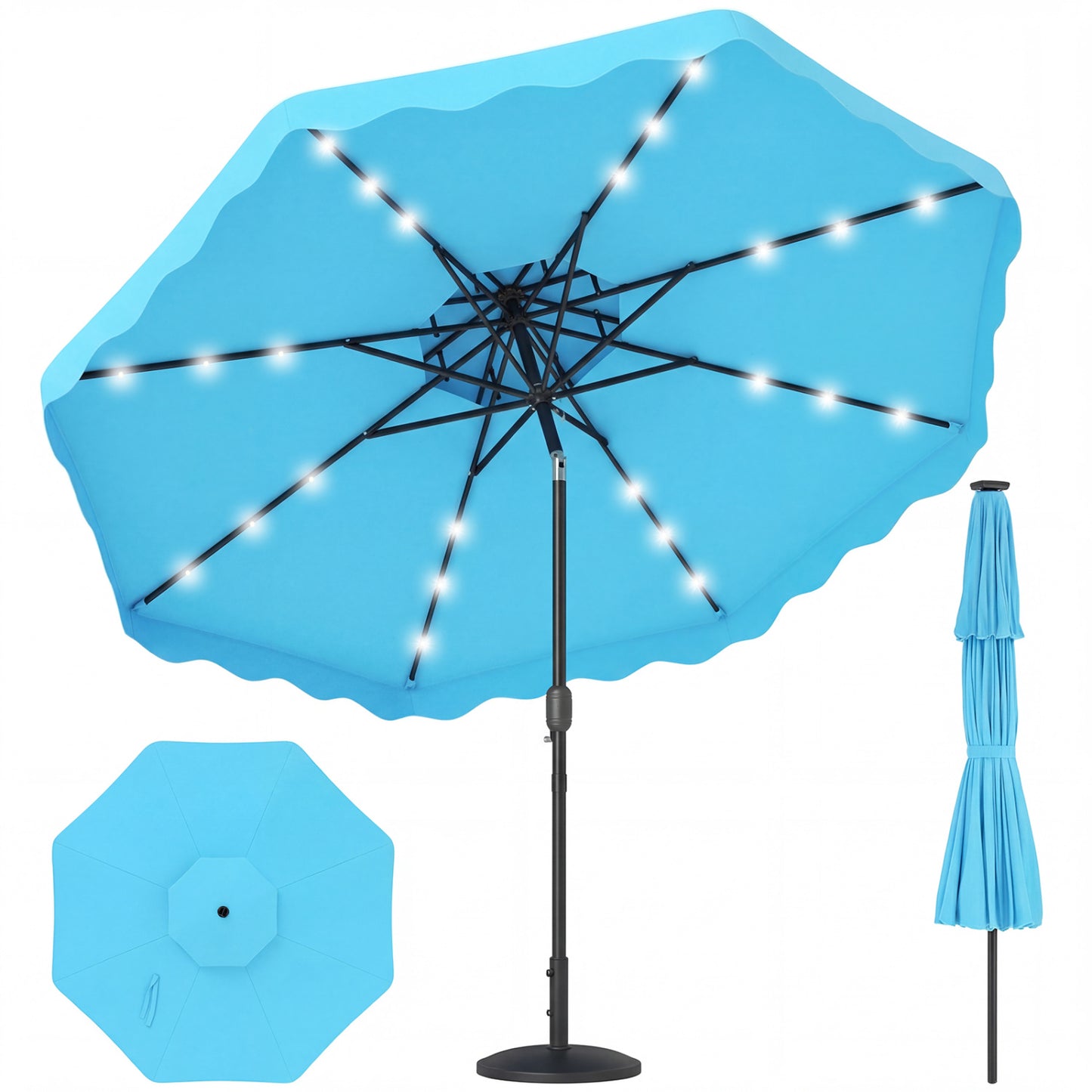 9 FT Solar LED Patio Umbrella, Push-Button Tilt Crank, Turquoise Outdoor Umbrellas at Gallery Canada