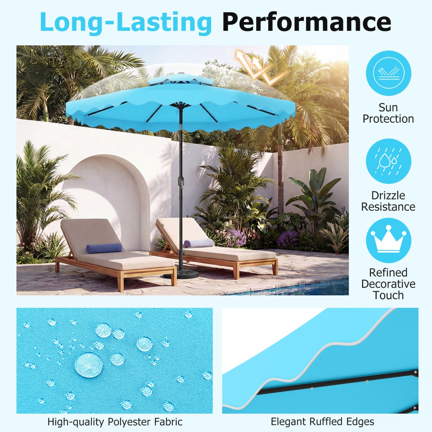 9 FT Solar LED Patio Umbrella, Push-Button Tilt Crank, Turquoise Outdoor Umbrellas at Gallery Canada