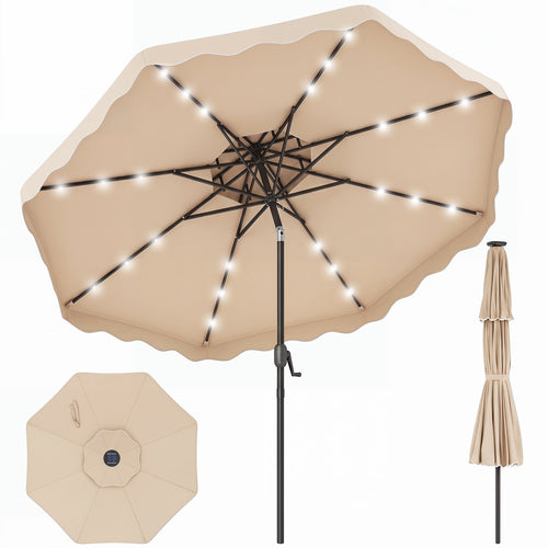 9 FT Solar LED Patio Umbrella, Push-Button Tilt Crank, Beige