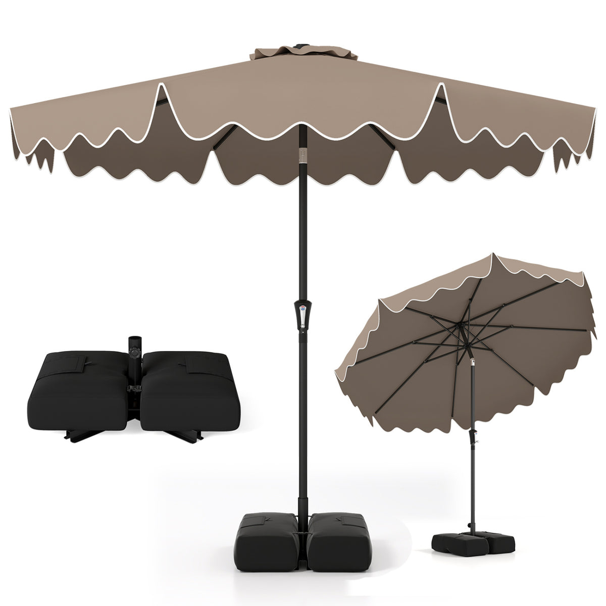 9 Feet Patio Umbrella, Weighted Base With Sandbags, Brown Outdoor Umbrellas Brown at Gallery Canada