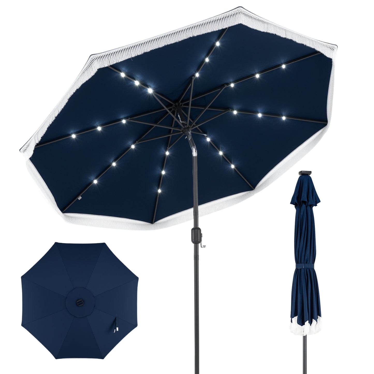 9 Feet Solar Patio Umbrella, 24 LED Lights, Navy Outdoor Umbrellas at Gallery Canada