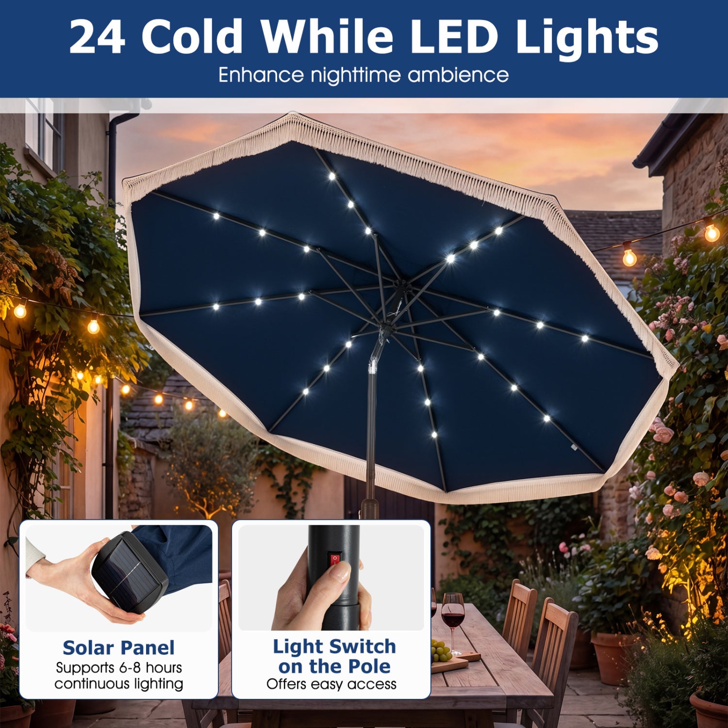 9 Feet Solar Patio Umbrella, 24 LED Lights, Navy Outdoor Umbrellas at Gallery Canada