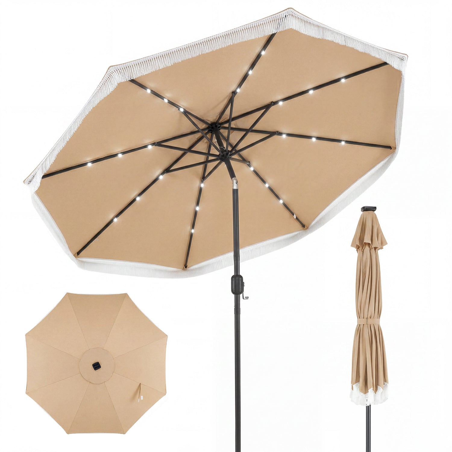 9 Feet Solar Patio Umbrella With 24 LED Lights, Beige Outdoor Umbrellas at Gallery Canada