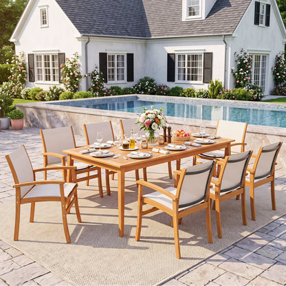 Ensemble de salle à manger en bois d'acacia de 9 pièces avec table de 80" et fauteuils en tissu, jaune