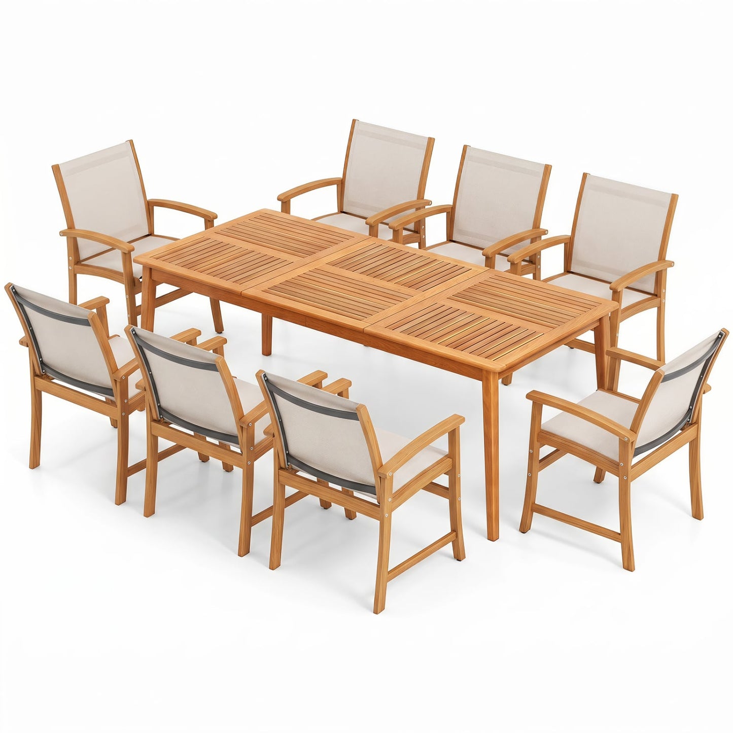 Ensemble de salle à manger en bois d'acacia de 9 pièces avec table de 80" et fauteuils en tissu, jaune