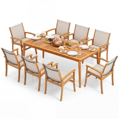 Ensemble de salle à manger en bois d'acacia de 9 pièces avec table de 80" et fauteuils en tissu, jaune