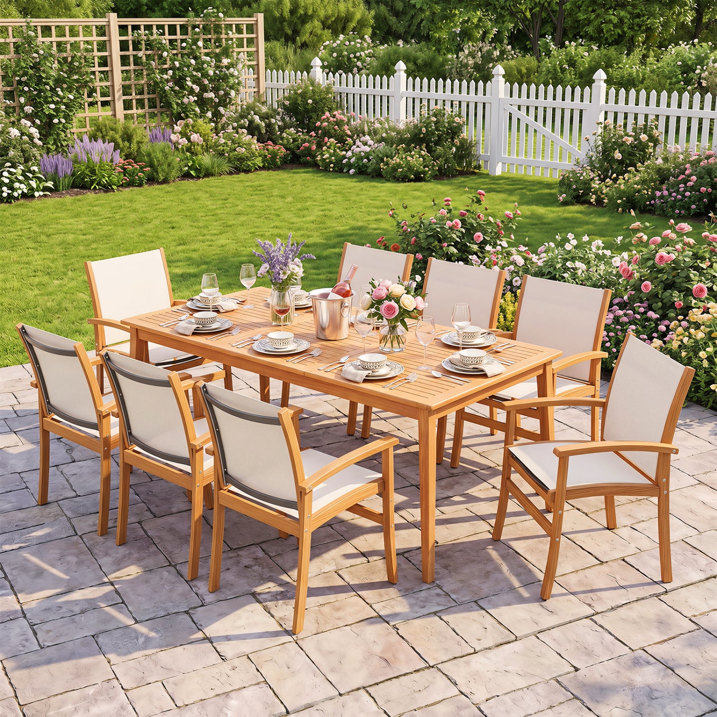 Ensemble de salle à manger en bois d'acacia de 9 pièces avec table de 80" et fauteuils en tissu, jaune