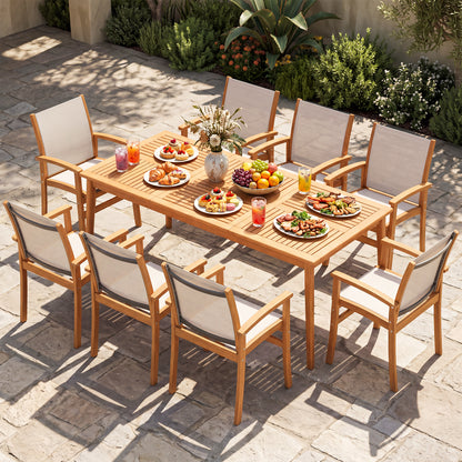 Ensemble de salle à manger en bois d'acacia de 9 pièces avec table de 80" et fauteuils en tissu, jaune