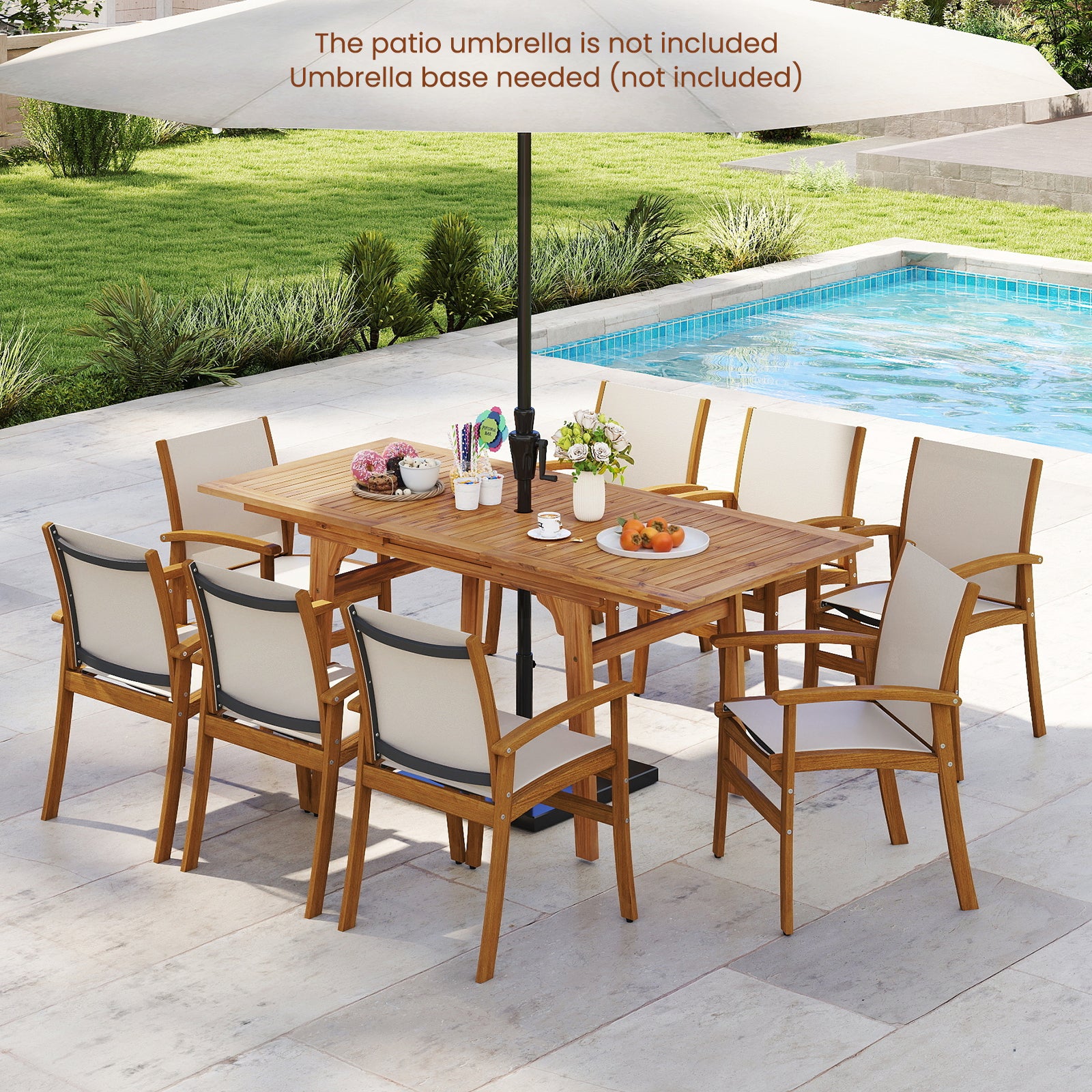 9 Pieces Outdoor Acacia Wood Patio Dining Set for 6-8, Beige Patio Dining Sets at Gallery Canada
