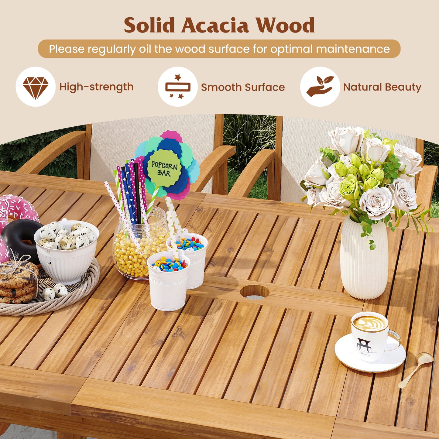 9 Pieces Outdoor Acacia Wood Patio Dining Set for 6-8, Beige Patio Dining Sets at Gallery Canada