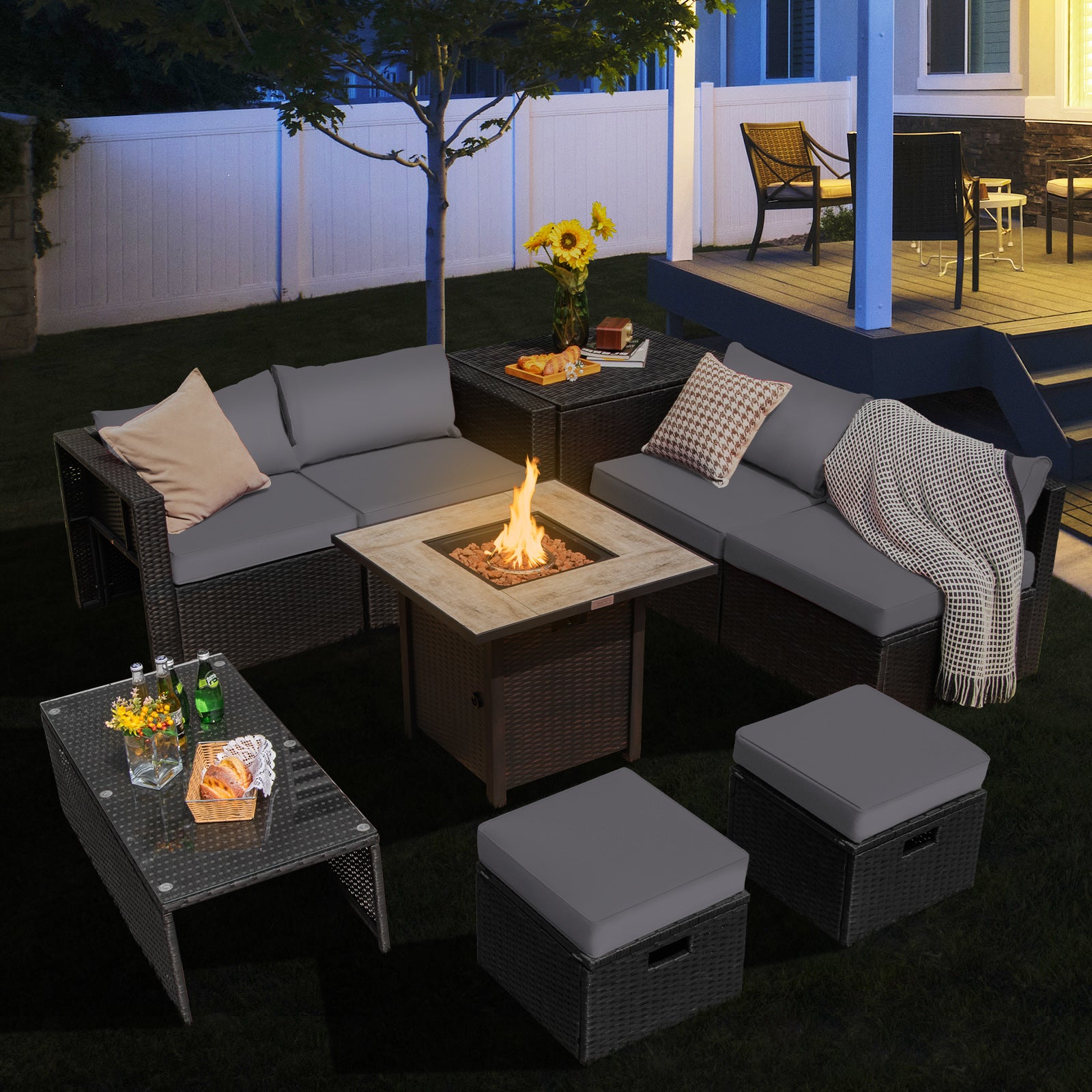 9 Piece Outdoor PE Rattan Sectional Sofa, 42 Inch Gas Fire Pit Table, Gray Outdoor Sectionals at Gallery Canada