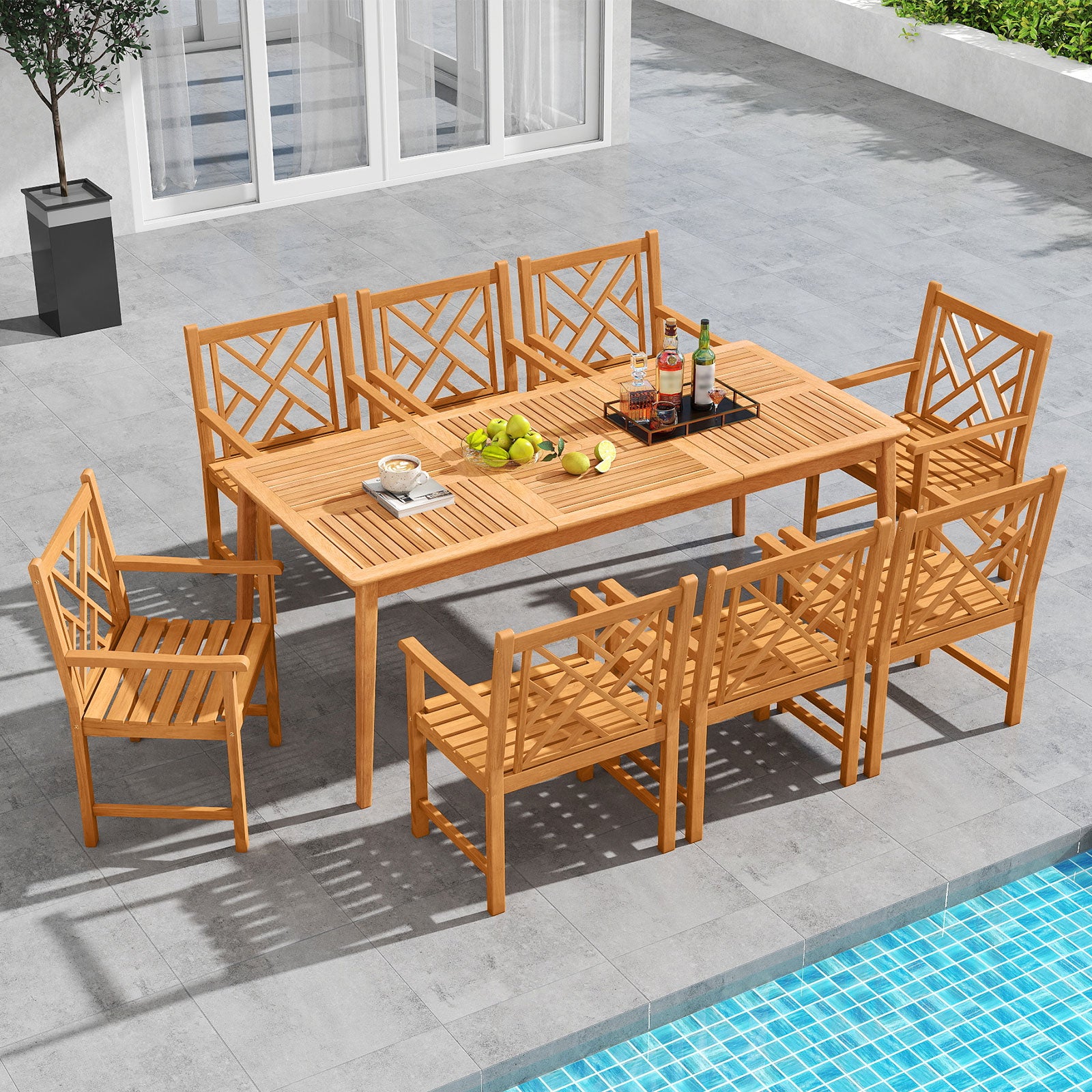 9-Piece Wood Rectangular Patio Dining Table Set, 8 Chairs, Slatted Tabletop Patio Dining Sets at Gallery Canada