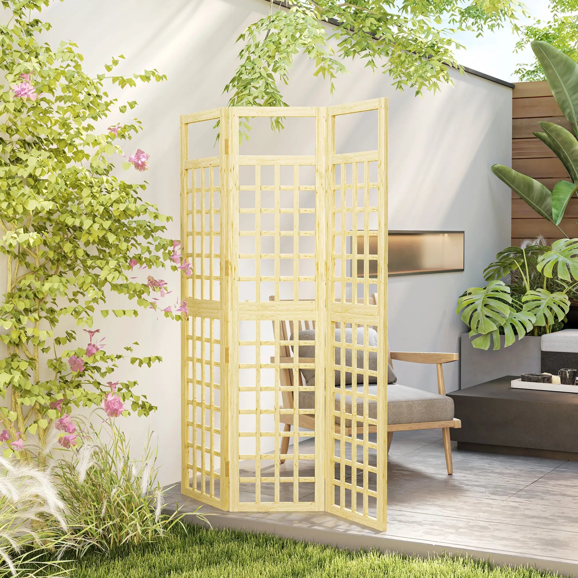 3 Panel Outdoor Wood Privacy Screen, Folding Room Divider, 47.2