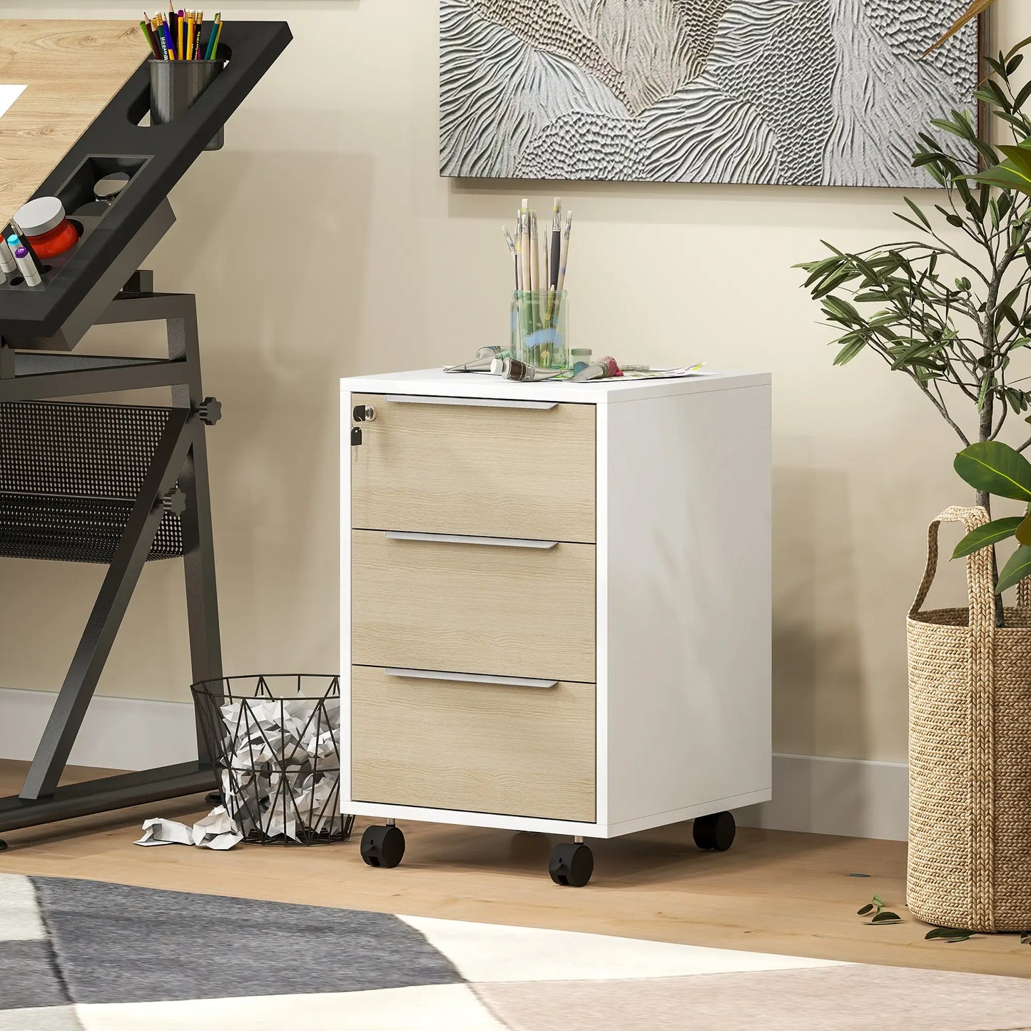 3 Drawer File Cabinet With Wheels, Vertical, Lock, Oak Office Cabinets & Cupboards at Gallery Canada