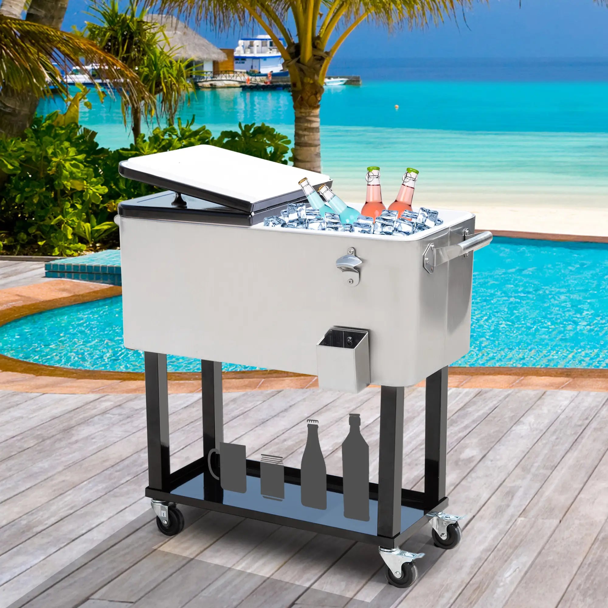 80 Quart Rolling Cooler Cart Portable Patio Ice Beer Beverage Cooling Bin for Outdoor Party w/ Bottle Opener &; Storage Shelf Silver Cooler Boxes at Gallery Canada