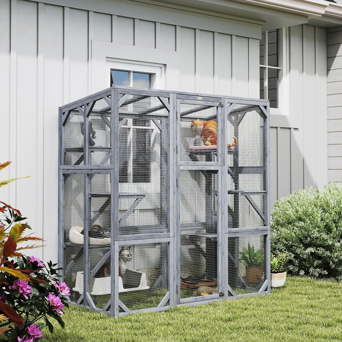 Outdoor Cat Enclosure, 6 Jumping Platforms, Weatherproof Roof, Large Door, 59" x 28" x 60", Grey Outdoor Cat Enclosures at Gallery Canada
