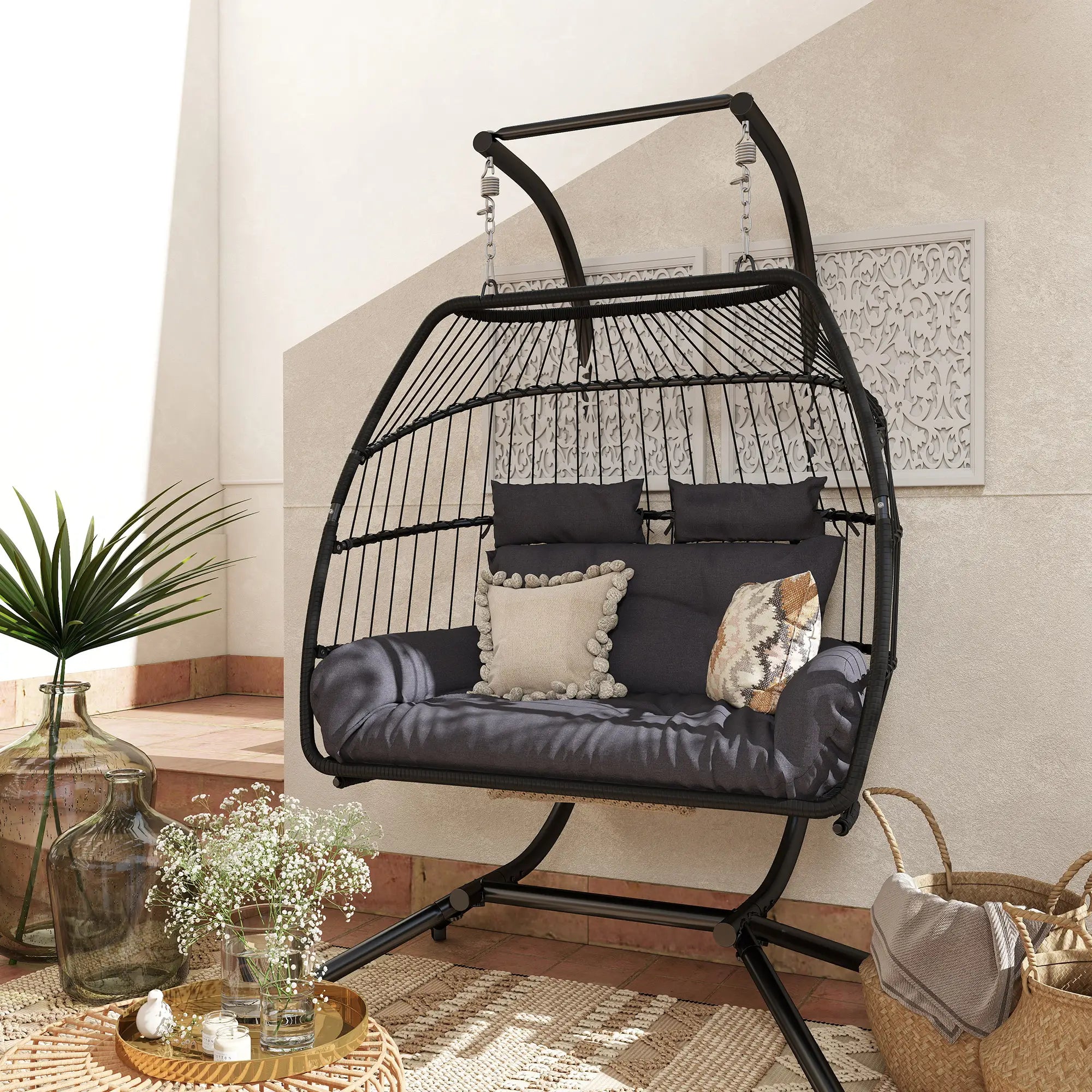 Double Wicker Egg Swing Chair, Foldable with Stand, UV Resistant Cushion, Headrest, Dark Grey Patio Swings with Stand at Gallery Canada