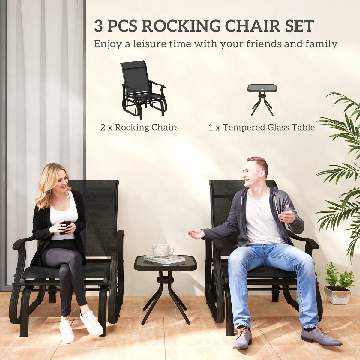 3PCs Gliding Rocking Chair, Bistro Tea Table Set, Black Outdoor Gliders at Gallery Canada