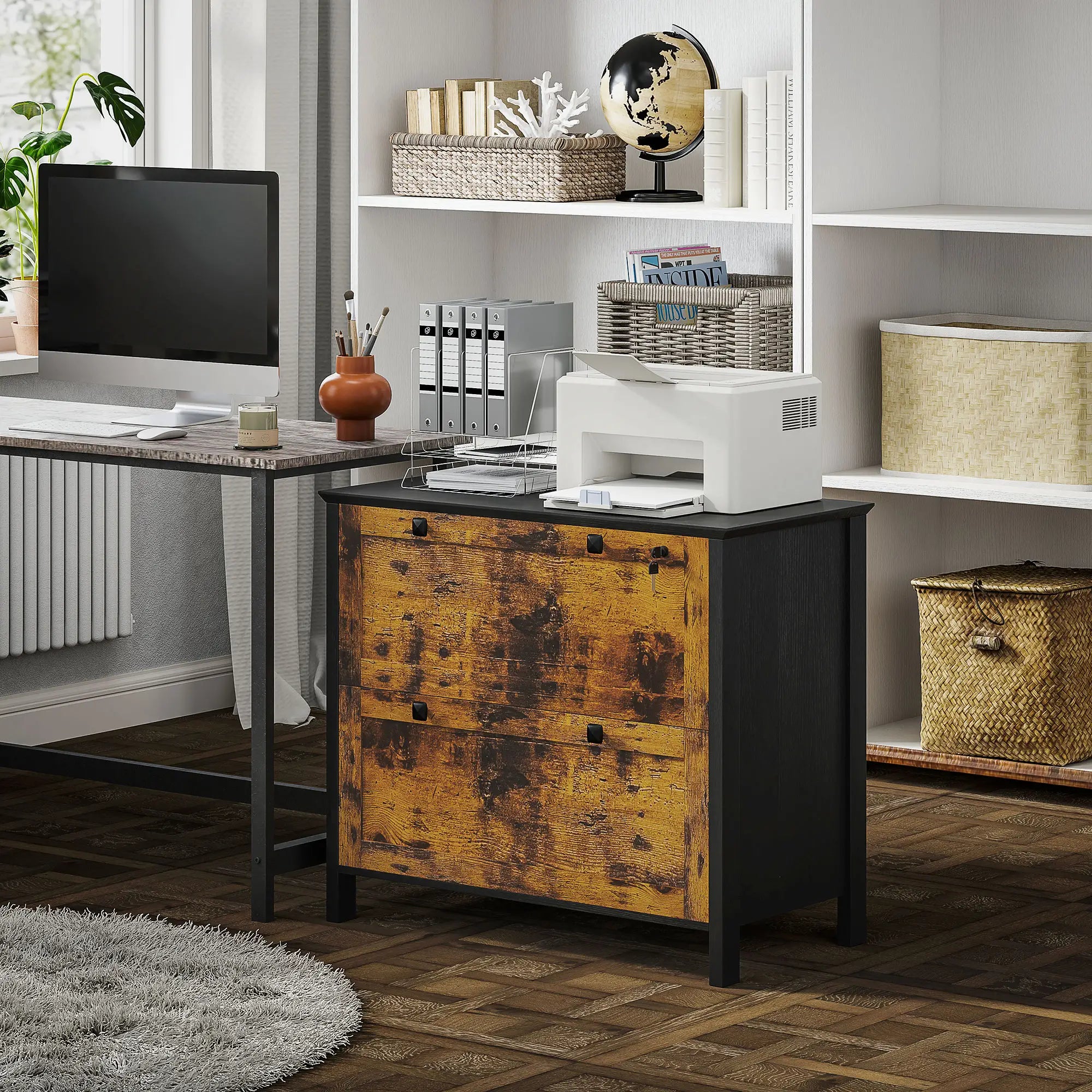 2 Drawer File Cabinet, Lockable, Adjustable Hanging Bar, Letter, A4 Size, Rustic Brown Office Cabinets & Cupboards at Gallery Canada