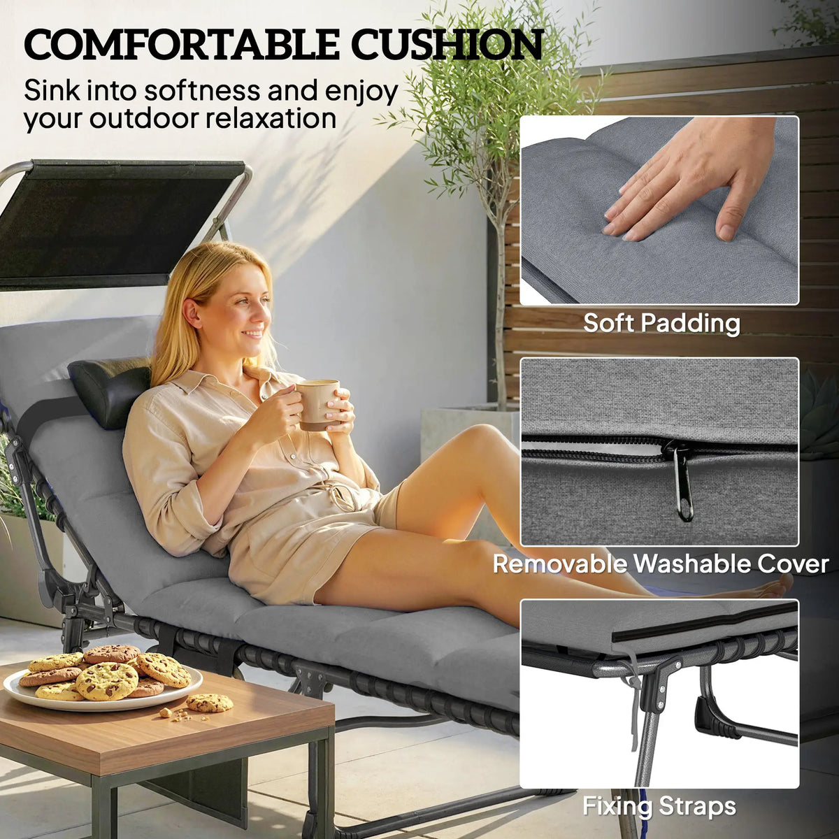 2 PCS Folding Chaise Lounge Chairs, Adjustable 5-Position, Cushion, Canopy, Side Pocket Lounger Chairs at Gallery Canada