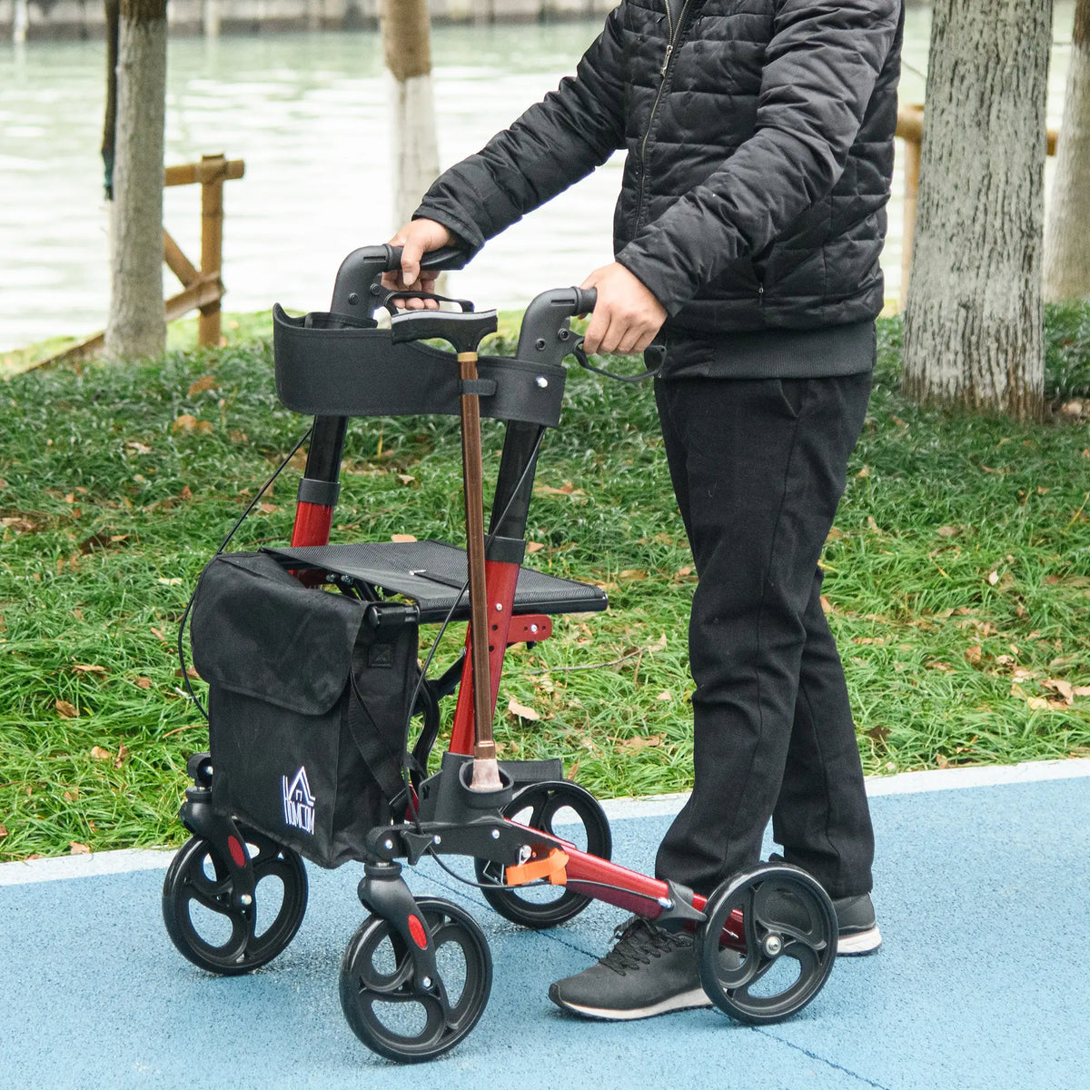 Senior Rollator with Seat, Back, Cane Holder, Adjustable Handle, Red Knee Walker & Wheelchair Ramps at Gallery Canada